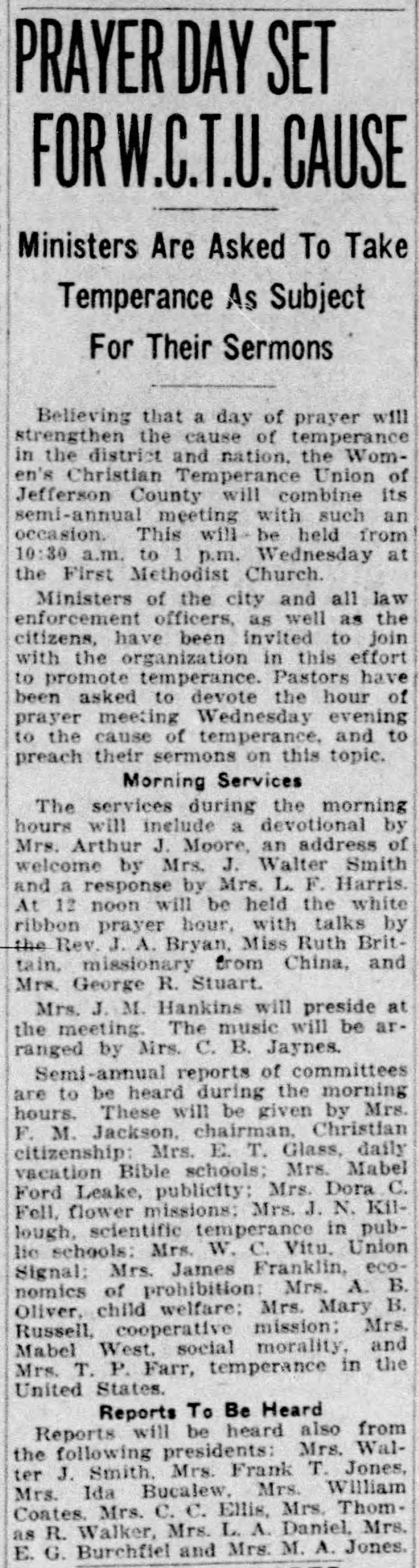 Prayer Day Set For W.C.T.U. Cause